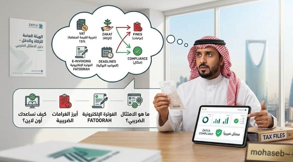 رجل أعمال سعودي يفكر في متطلبات الامتثال الضريبي وVAT والفوترة الإلكترونية FATOORAH عبر منصة ZATCA