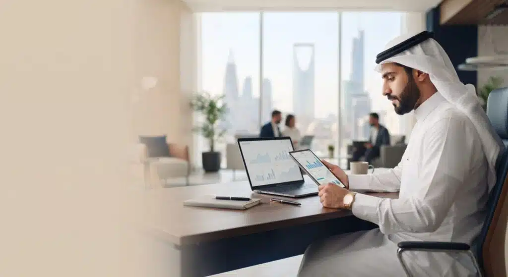 كيف تختار محاسب عن بعد لمنشأتك في السعودية — صاحب منشأة يراجع تقريراً مالياً